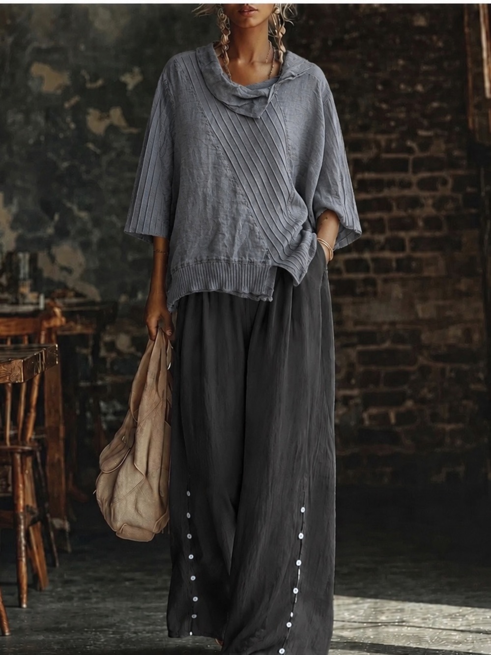 Fenini linen oversized top lagenlook plus size XXL made in US designer boho grey
